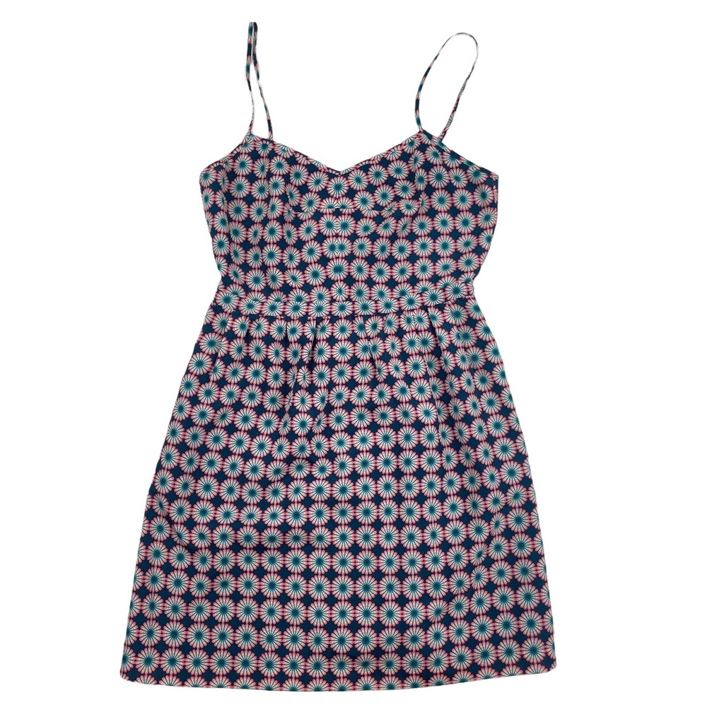 J. Crew Blue Pink Spaghetti Strap Dress Size 6 Geometric Floral Print Polyester